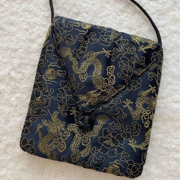Asian Design Small Satin Crossbody Bag - Gold Embroidery on Black Purse - Picture 2 of 8